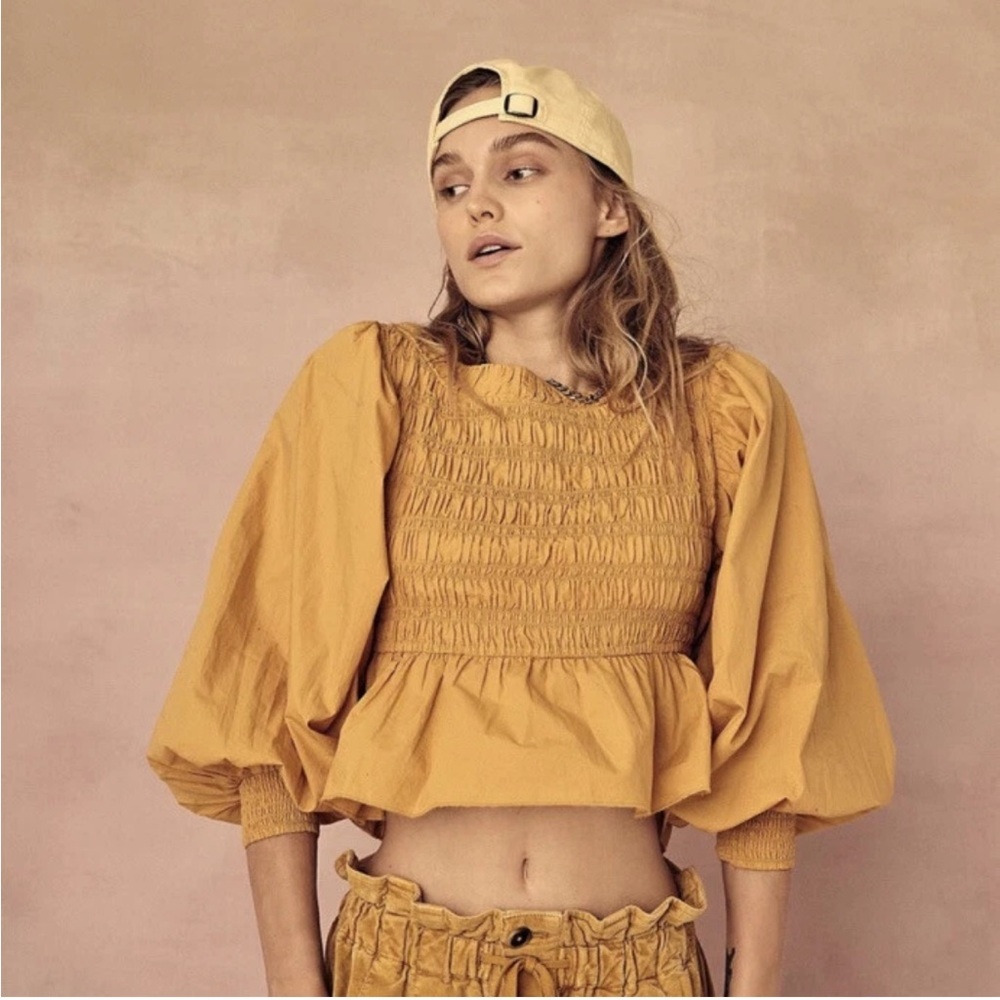 Free People Yellow Smocked Poplin Off The Shoulder Top SP Puff Sleeve Boho